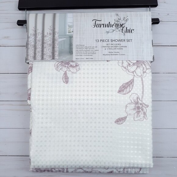 Farmhouse Chic Fabric Shower Curtain With Hooks Pink Floral - Picture 2 of 3